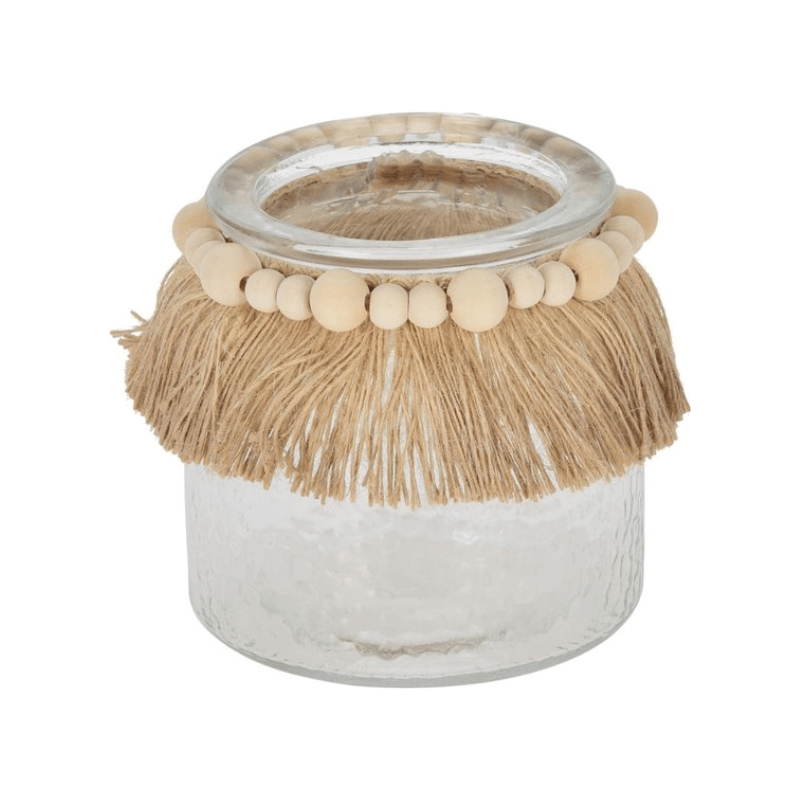 Pot en verre avec collier de roseau et perles en bois