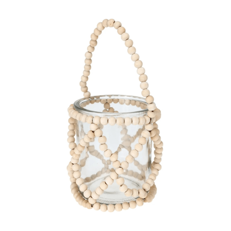 Pot en verre avec perles en bois