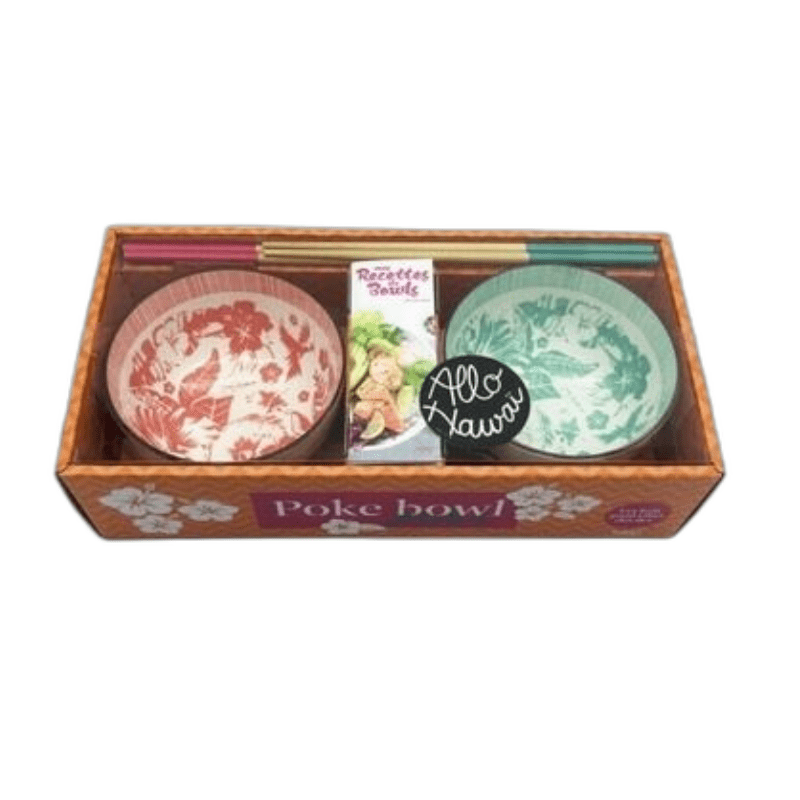 Coffret Poke bowls Aloha - 2 bols décorés, 2 paires de baguettes, 1 livre de recettes